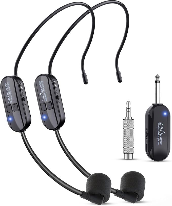 Wireless Microphone Headset Double Professional: Cordless Mic Head for Two People, Heads Handheld Mics 2 in 1- USB-C Rechargeable - 1/4'' and 1/8'' Plug for PA System, Voice Amplifier,Teaching,Fitness by lococomicrophonesystem