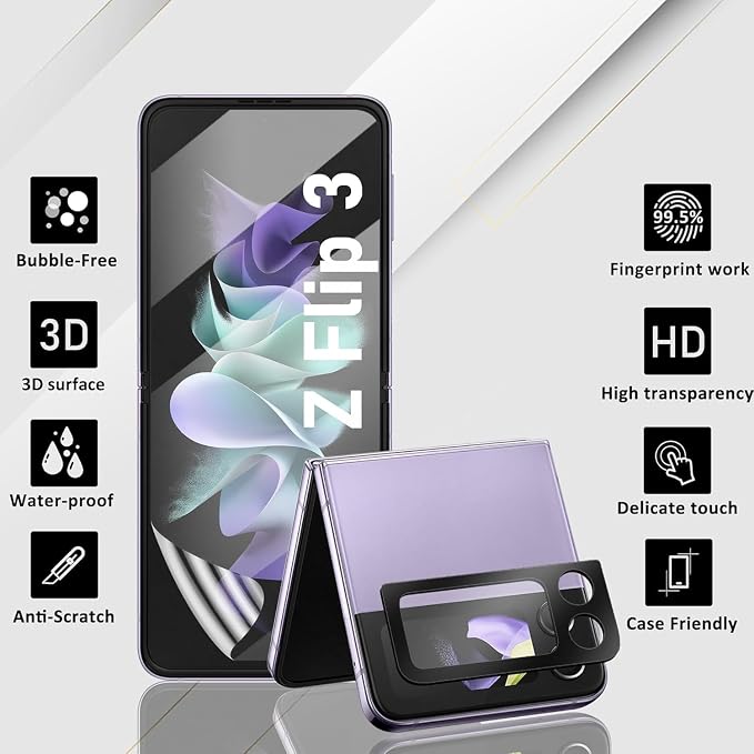 2 Pack for Samsung Galaxy Z Flip 3 Screen Protector [Not Glass] | 2 Pack Camera Lens Protector with Installation Frame,Support Fingerprint Unlock, Touch Sensitive, Anti-Scratch, Case Friendly - Image 8
