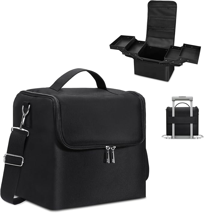 Large Makeup Carrying Train Case for Women, 4 Tier Travel Bag Box, Black | Nail Organizer Case-Adjustable Dividers, Waterproof, Detachable Shoulder Strap, Portable, Multipurpose Storage for Nail Tools by DECINIEE+BEAUTY+CO.%2CLTD