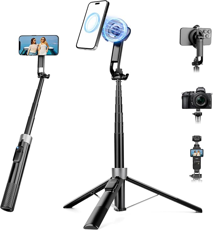70" Magnetic Phone Tripod, Selfie Stick Tripod for iPhone MagSafe & Camera | Rechargeable Remote & 2 in 1 Magnetic Holder, 360° Rotatable Portable Cell Phone Stand for Travel Vlog Video Recording by Victiv