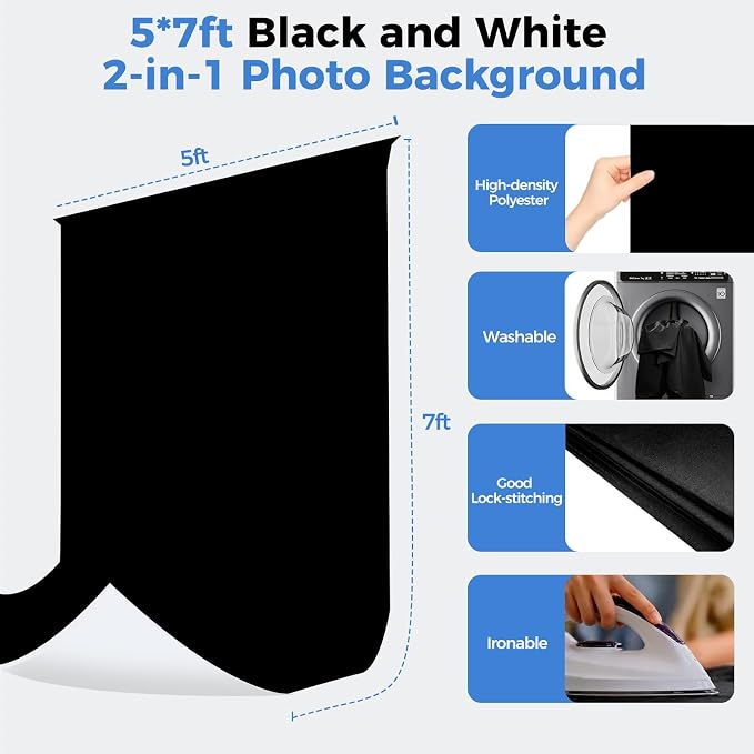 Emart 6.5x5ft 2in1 Black&White Photo Backdrop Stand Kit with T-Shape Stand | Reversible 2-in-1 backdrop, black and white sides for diverse shooting needs - Image 4