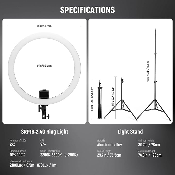 NEEWER Advanced 18" LED Ring Light with Tripod Stand Phone Holder | For iPhone Samsung Android Phones, for Makeup YouTube Video Blogger Salon, Black - Image 6
