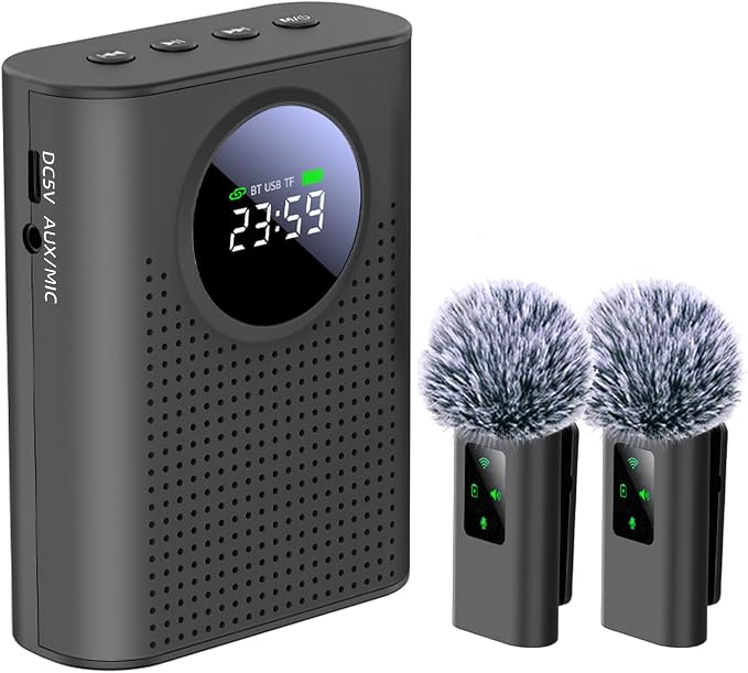 S67 Voice Amplifier Wireless Microphone Dual for Teachers Classroom Rechargeable, Mini Lavalier Lapel Mic, Portable Speaker PA System with LED Display for Class, Tour Guide, Coaches, Black by ZERFUN