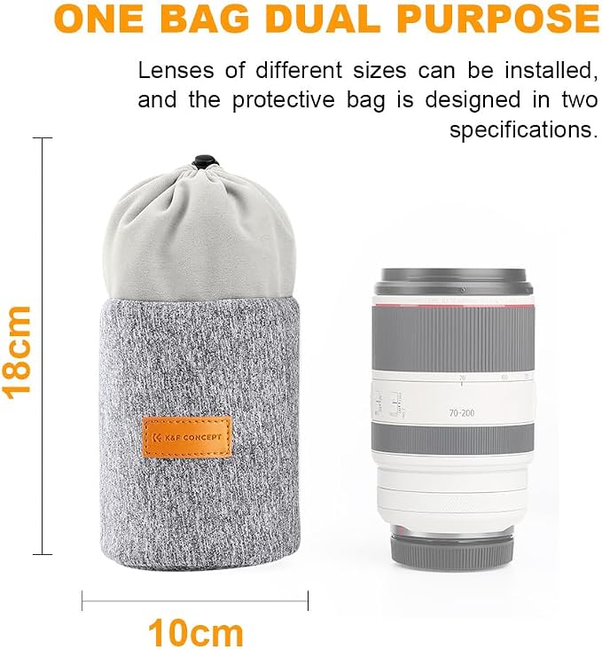 K&F CONCEPT Lens Pouch 2-in-1 Expandable Camera Lens Bag Case Compatible for Canon Lenses 75-300mm, Nikon, Sony, Pentax, Olympus Camera Lens 10 x 18cm Protective Neoprene Soft Plush for DSLR Lenses - Image 2