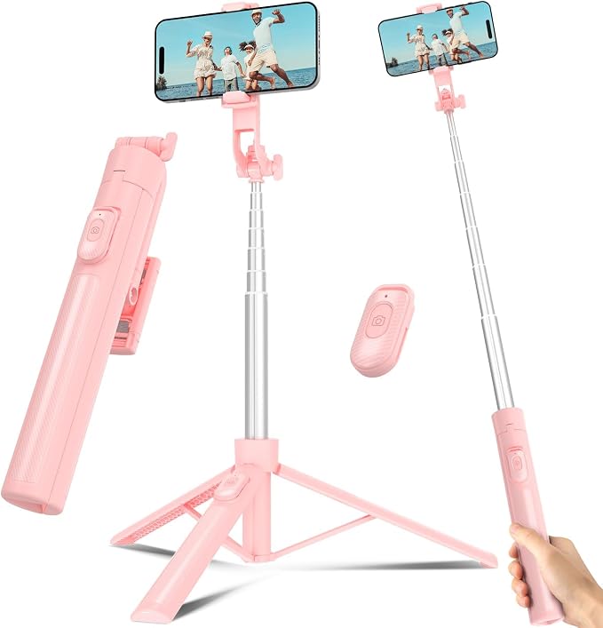 Selfie Stick Tripod for Phone with Remote Control & Holder, 63 Inch, Pink | Extendable Selfie Stick Travel for iPhone, iPhone Tripod for Video Recording by Liphisy