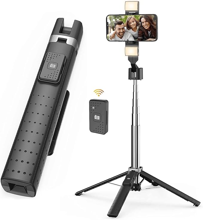 41” Selfie Stick Tripod Quadrapod with 2 Rechargeable Fill Light, Extendable Tripod with Bluetooth Remote, Stainless Steel, 3 Light Modes, 9 Brightness Levels, Compatible for All iPhone & Android - Image 5