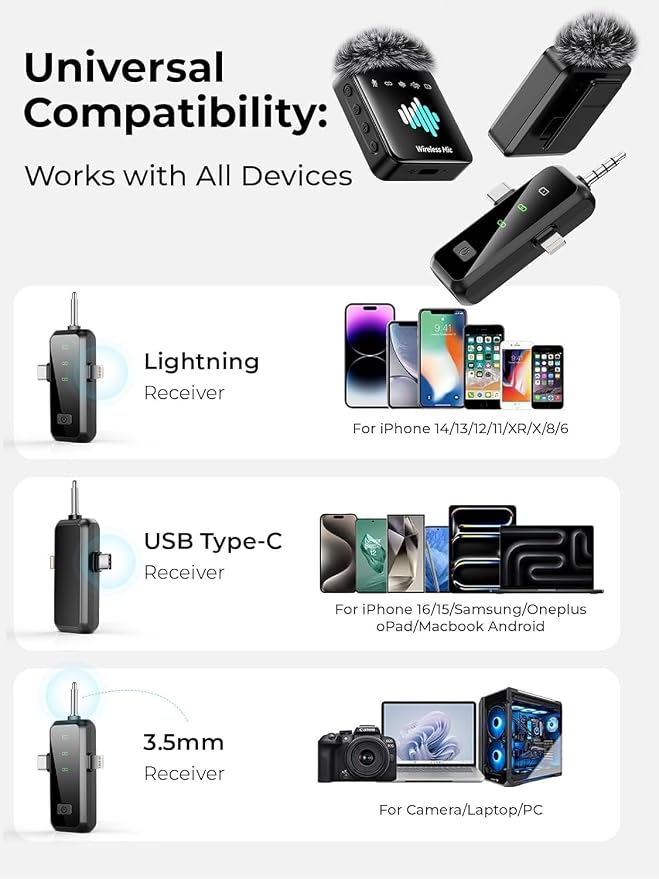 MENERESAS Wireless Microphone for iPhone: 40dB Noise Canceling Mini Mic with 20Hz-20kHz Audio, 328ft Range, 20H Battery, 3-in-1 Lavalier Microphone for Video Recording - Image 8