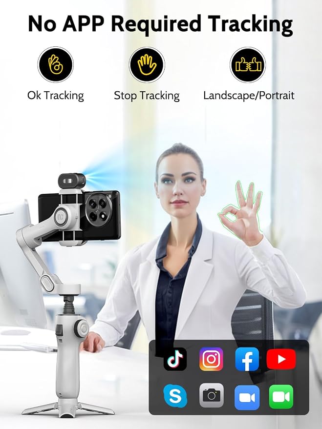 AOCHUAN Gimbal Stabilizer for iPhone with AI Module, No APP(Smart V8 AI) | Phone Gimbal with Face Tracking, Built-in 7.8 Ft Extension Rod, Ideal for Tiktok, and Hands-Free Content Creation(White) - Image 3