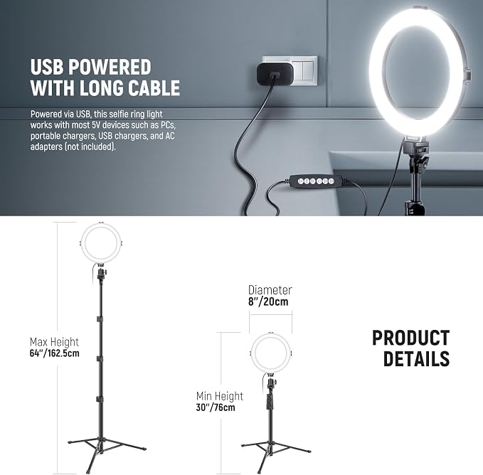 NEEWER Basics 8" RGB LED Ring Light with Tripod Stand, 7 Modes/3200-6500K/10 Dimming Levels, Phone Holder Selfie Ringlight Lighting for iPhone TikTok Vlog Makeup Video Recording Streaming, R08 - Image 6