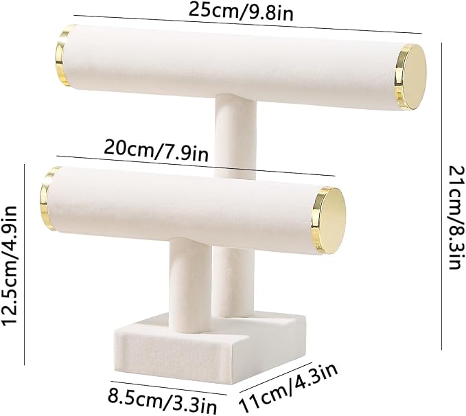 Bracelet Holder,Bracelet Display Stand with Metal Cap,Velvet Jewelry Organizer Displays for Necklace Scrunchies Watches Hair Ties. (Beige, 2 tier) - Image 6