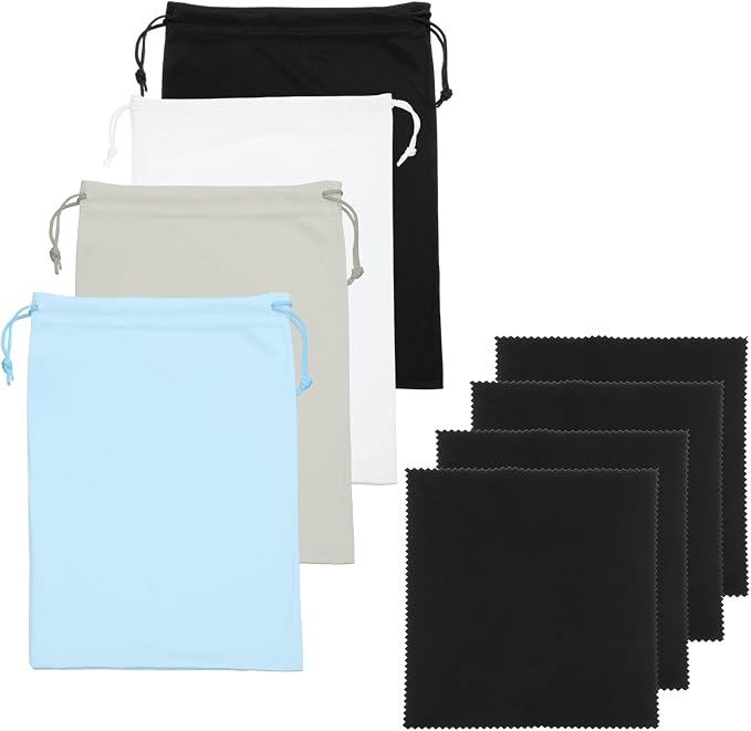 Ski Goggle Bag, Microfiber Bag with Cleaning Cloth Drawstring Pouch Soft Storage Sleeve Case 4 Pcs & Black/White/Gray/Light Blue-Fitting for (Snow Swimming Goggle/Sunglasses) by YELARXI