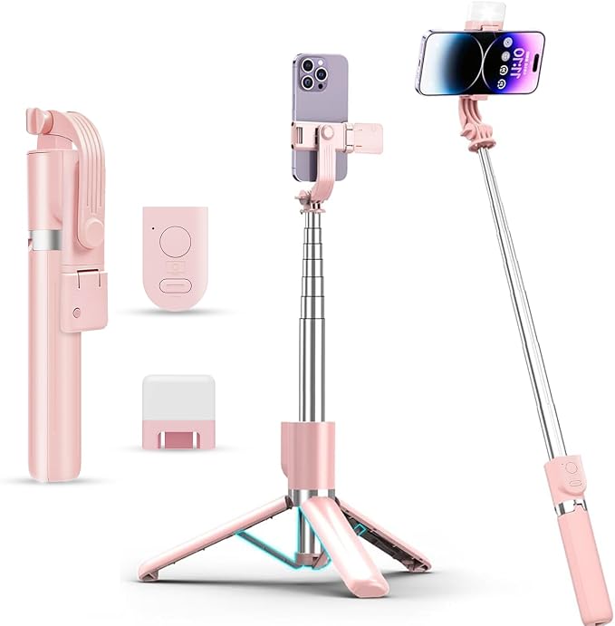 Selfie Stick with Rechargable Remote & Light (1PC), Tripod for iPhone, Cell Phone Stand for Video Recording, Portable Travel Essentials Smartphone Mount Holder, Extendable Vlogging Filming Accessories by NOOX