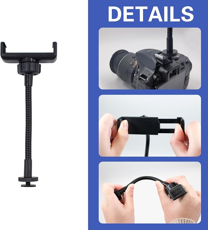 Ring Light Phone Holder with Hot Shoe & 1/4 Adapter, Adjustable Gooseneck | Universal Camera Phone Holder, Flexible Phone Mount Attachment Replacement for Camera, Ring Light & Tripod Stand - Image 3