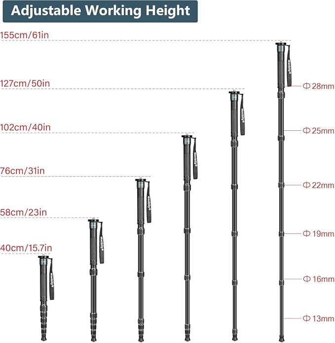 Monopods for Cameras 15.75'' - 61'' Camera Monopod Walking Stick with Handle Portable Compact Travel Monopod Aluminum Selfie Stick 6 Sections 7KG for DSLR Video Camcorder Stand (A-555L Grey) - Image 5