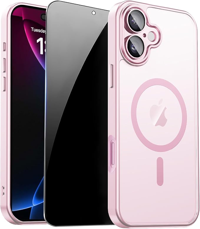 Magnetic for iPhone 17 Case with Privacy Screen Protector, Pink | Full Camera Protection, Compatible with MagSafe, Translucent Matte Shockproof Phone Cover for iPhone 17 Women Girls by ZOZDOKG