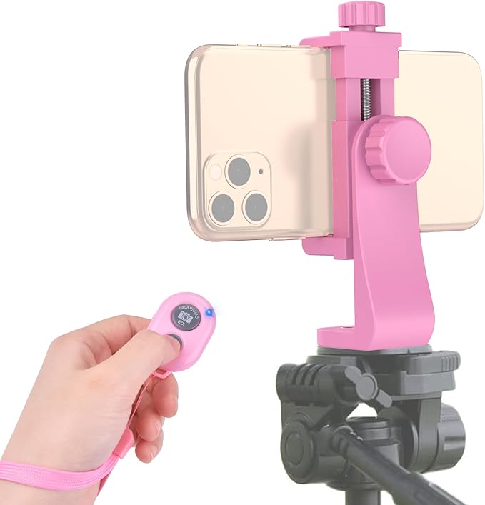 Universal Phone Tripod Mount Adapter with Ｗireless Camera Remote, Cell Phone Holder with Adjustable Clamp for Selfie Stick Monopod Compatible with iPhone, Samsung and so on -Pink by Zttopo