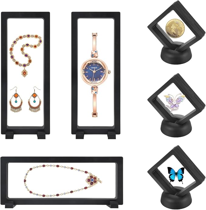 6 Pcs 3D Floating Display Case, Clear PE Film Jewelry Storage Box, Challenge Coins Display Holder Frame for Ring Necklace Shell Stamp Specimens Rocks, Black, 3.5 x 9X 0.8 in, 2.7 x 2.7 x 0.8 in by DIBALIYI