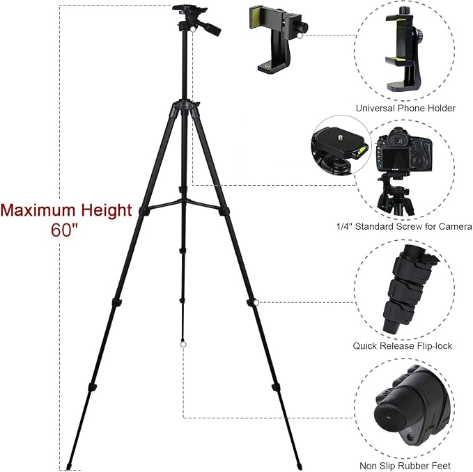 Endurax 63" Tripod for Camera & Phone, 6.6 lbs Load Capacity, Black | Adjustable Pan Head, Quick Flip-Lock Setup & Non-Slip Feet; Foldable Aluminum for Travel (No Quick Release Plate) - Image 5