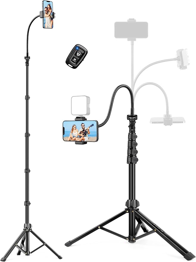 Phone Tripod Stand, 85" Tall Cellphone Tripod for iPhone with Gooseneck | Flexible Portable Phone Stand with Remote for Recording, Compatible with iPhone 14 13 12 Pro Android Camera by Victiv