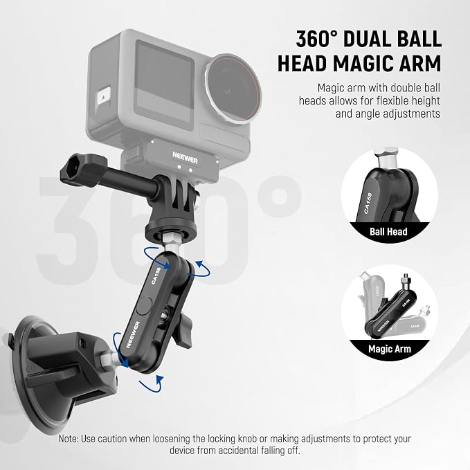 NEEWER Suction Cup Phone Holder & Camera Mount Compatible with GoPro DJI Insta360 iPhone, Car Phone Mount with Action Camera Adapter 360° Magic Arm for Vlogging Video Recording, CA158 - Image 5