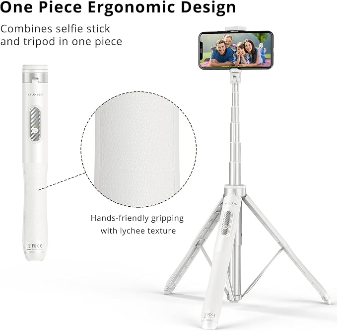ATUMTEK 51" Selfie Stick Tripod, All in One Extendable Phone Tripod Stand with Bluetooth Remote 360° Rotation for iPhone and Android Phone Selfies, Video Recording, Vlogging, Live Streaming, White - Image 4