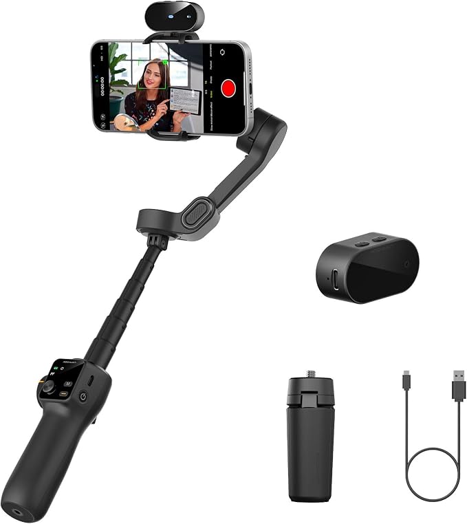 AOCHUAN Gimbal Stabilizer for iPhone with AI Module, No APP(Smart V8 AI) | Phone Gimbal with Face Tracking, Built-in 7.8 Ft Extension Rod, Ideal for Tiktok, and Hands-Free Content Creation(Black) by AOCHUAN