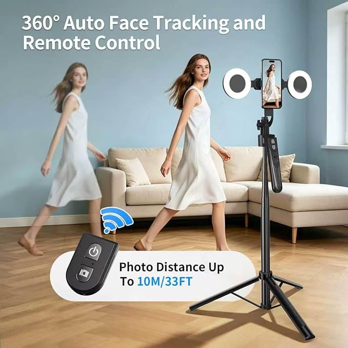 70.9" Auto Face Tracking Selfie Stick Tripod for iPhone with Light, No App, 360° Rotation Tripod that Follows Your Movement with Remote Control for Vlog/Live Stream/Video Recording - Image 2
