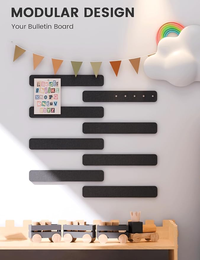 Fluxynara 13" x 2" Felt Wall Panels, Black | 8-Pack Includes 50 Push Pins and Adhesive Tabs for Photos, Notes and Decor in Bedroom Doors, Home Office or Studios - Image 5