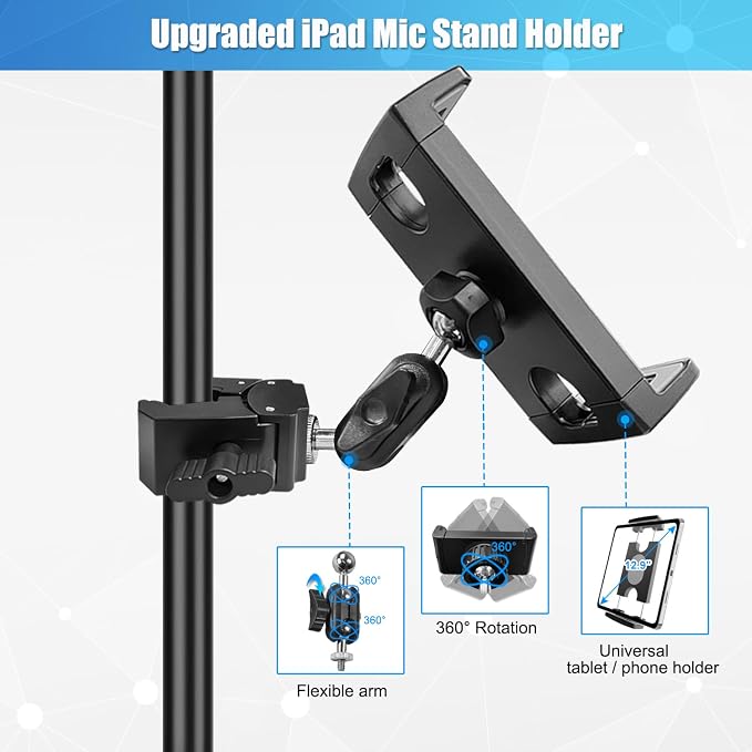 Mic Stand Tablet Holder, 360° Swivel iPad Mic Stand Holder Phone iPad Holder for Mic Stand/ Treadmill/ Spin Bike/ Peloton Exercise Bike Handlebar Mount, Fits 4-12.9" iPad, iPhone, Android Smartphones - Image 3