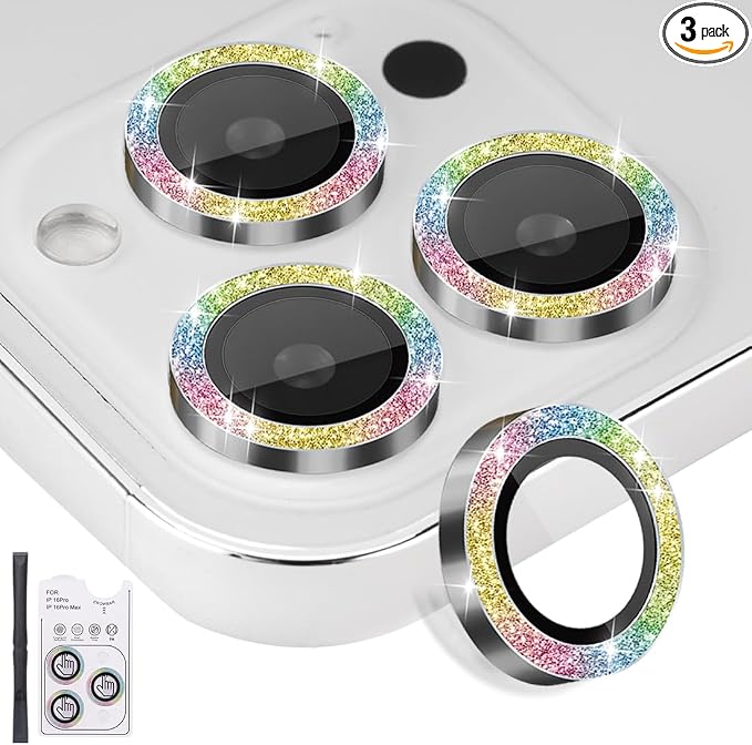 Camera Protector for iPhone 16 Pro/16 Pro Max, Glitter Colorful | Tempered Glass, Auto-align Tray, Easy Installation, Case Friendly, Anti-Scratch, HD Clear, Ultra Slim by Rayorcon