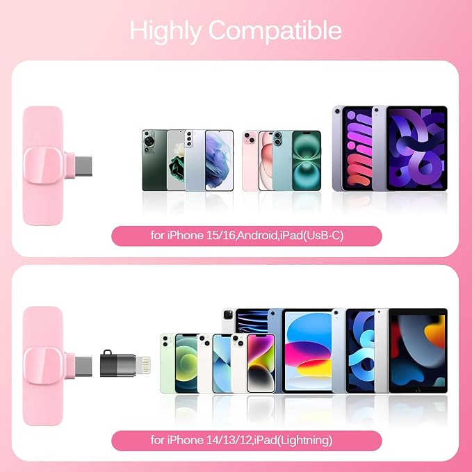 Wireless Lavalier Lapel Microphone for iPhone, iPad, mini Video Recording Mic for Interview Video Podcast Vlog YouTube & Livestream, Noise Reduction, Plug & Play (Pink Type C & Lightning Port) - Image 6