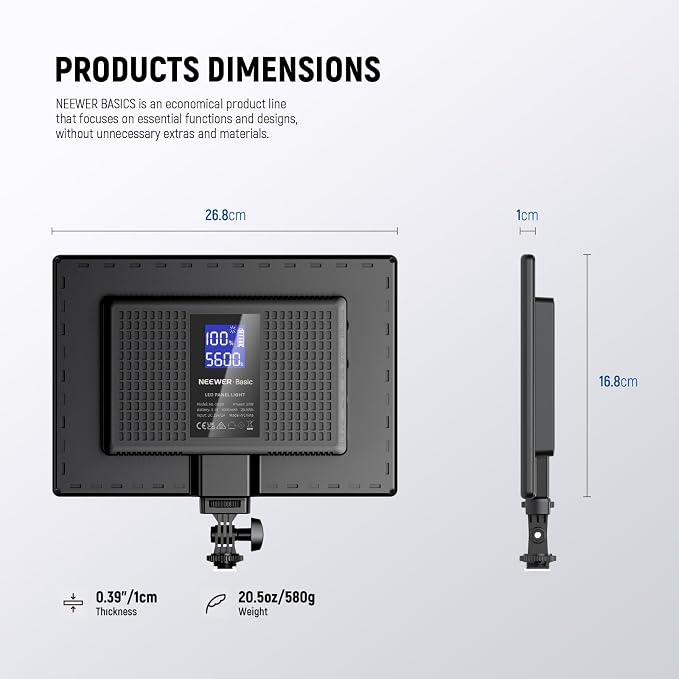 NEEWER Basics 13" LED Video Light Panel, 20W Ultra Thin Bi Color, NL-192B | Dimmable DSLR Camera Soft Key Lighting for Streaming, Photo Studio Photography, Podcast Recording, 8000mAh, 3200-5600K CRI97+ - Image 8