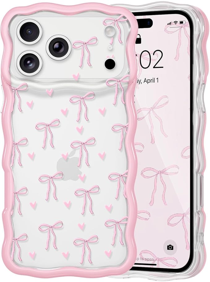 QLTYPRI for iPhone 17 Pro Max Pink Bow Case, Clear Cute Pink Ribbon Bow Phone Case Curly Wavy Aesthetic Phone Cover, Soft Slim Transparent TPU Shockproof Protective Cover for Women Girls - Love Bow by QLTYPRI