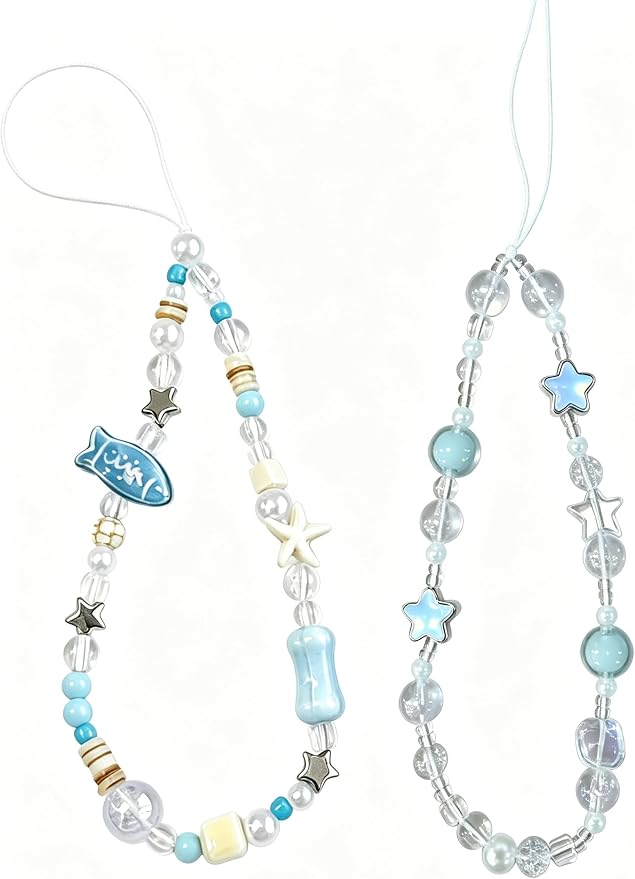 2 Pcs Phone Charm Strap Hand Wrist Strap Camera Lanyard Pearl Beaded Cute Chain String Accessories Universal for iPhone 17 Pro Max 16 15 for Samsung Women Girls Keychain Bag Blue Fish and Green Beads by Casecond