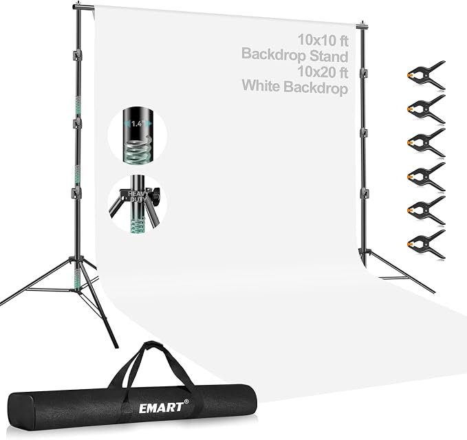 EMART Heavy Duty Photo Backdrop Stand Kit 10 x 10 FT with White Backdrop | Background Stand Backdrop-White, 6Clamps, 2Sandbags for Photography Studio, Video Recording, Live Stream, Zoom, Portrait, Pet by EMART