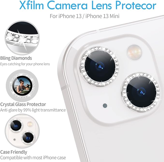for iPhone 13/13 Mini Camera Lens Protector Bling Diamond, Silver | Individual Metal, 9H Hardness, Scratch Resistant, Shockproof, Drop Protection, Case Friendly, Stylish Accessories - Image 4