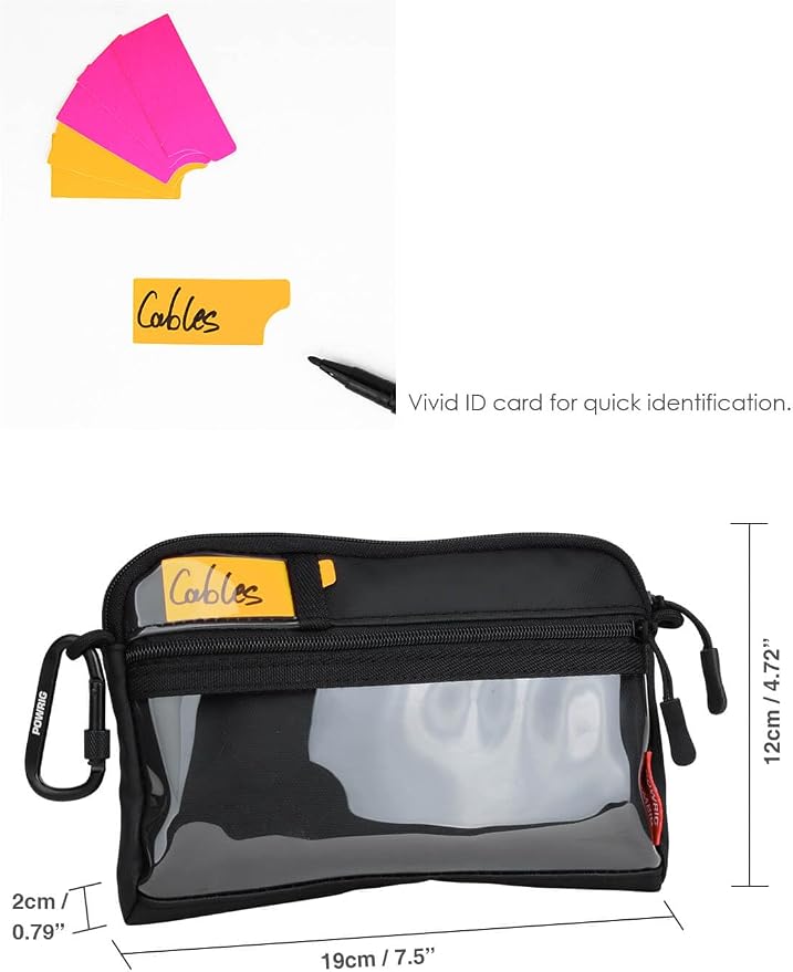 Video Accessories Organizer Pouch with Clear Window, 900D PU Utility Bag for Camera Accessories, Cable Storage, Battery Case, Small Tool Bag with Carabiner & ID Labels, for Travel Filming - Image 2