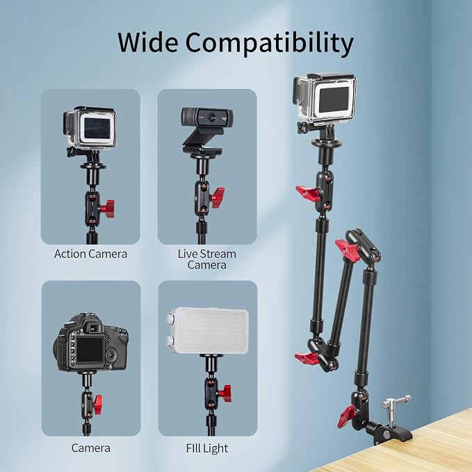 Magic Arm Camera Mount, 32" Aluminum Articulating Arm with Desk Clamp & Standard 1/4" Screw, Heavy Duty Overhead Phone Mount for Video Recording, Live Streaming, Vlogging - Image 2