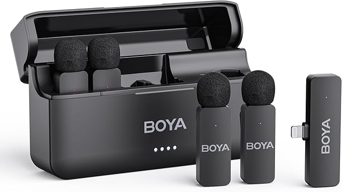 BOYA BY-V4D Wireless Lavalier Microphone for iPhone iPad with Charging case, 18H Battery Life, 650ft Range, 4-Channel Omnidirectional Noise Canceling Lapel Mics for Video Recording Interview Vlog by BOYA