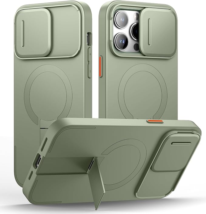 SURITCH for iPhone 14 Pro Max Case with Magnetic Camera Slide Cover and Adjustable Kickstand, Compatible with MagSafe, Shockproof Bumper Case Slim Protective Cover 6.7 Inch, Green by SURITCH