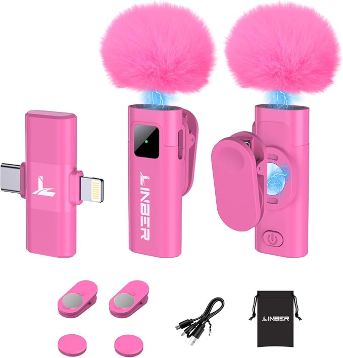 Pink Wireless Lavalier Microphone for iPhone, Noise Cancelling | Crystal clear audio with noise reduction, plug and play with Lightning connector, perfect for TikTok and vlog by Linber