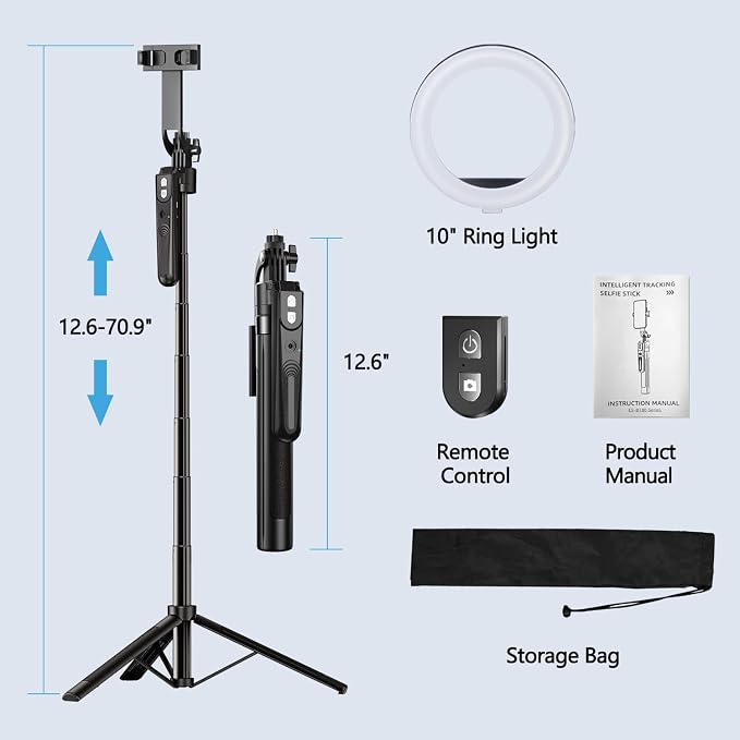 70.9" Auto Face Tracking Tripod with 360 Rotation & 10" Ring Light, Phone Tripod & Selfie Stick with Remote for Cell Phone 4"-7", Motion Sensor for Live Stream Vlog Video Recording - Image 5