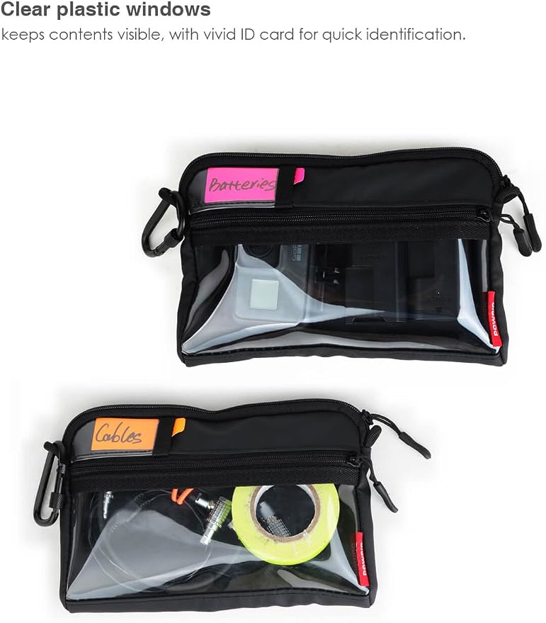 Video Accessories Organizer Pouch with Clear Window, 900D PU Utility Bag for Camera Accessories, Cable Storage, Battery Case, Small Tool Bag with Carabiner & ID Labels, for Travel Filming - Image 3