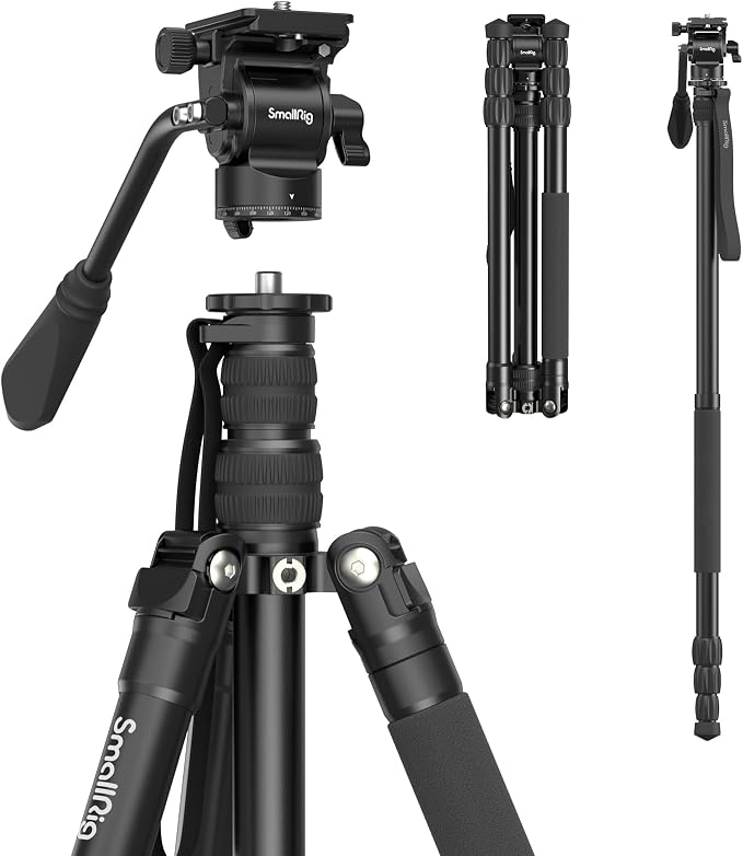 SmallRig CT180 Video Tripod, 72" Camera Tripod Monopod with Fluid Head, Aluminum Camera Tripod, 360° Panorama Fluid Head for Travel, Video, Live Streaming, Vlogging- 3760B by SmallRig