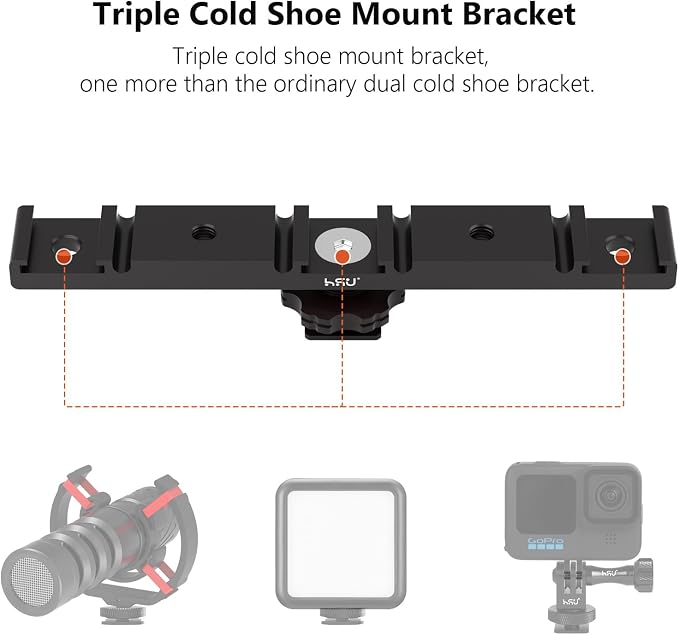HSU Cold Shoe Mount Bracket, Triple-Head Hot Shoe Mount, and 1/4 Screw Port, Aluminum Cold Shoe Plate Adapter with Cable Slot Bayonet for Microphone, Led Video Light, Monitor (Extension), HGP322L - Image 2