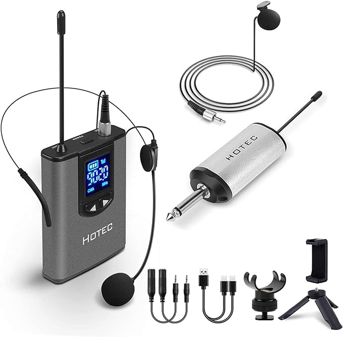 HOTEC UHF Wireless Headset Microphone/Lavalier Lapel Mic with Bodypack Transmitter and Mini Rechargeable Receiver 1/4" Output for Vlogging or Speech by Hotec