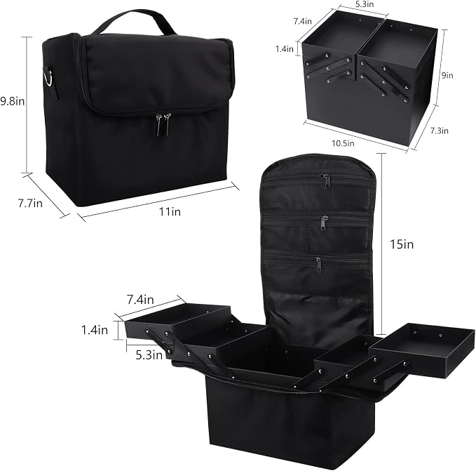 Large Makeup Carrying Train Case for Women, 4 Tier Travel Bag Box, Black | Nail Organizer Case-Adjustable Dividers, Waterproof, Detachable Shoulder Strap, Portable, Multipurpose Storage for Nail Tools - Image 7