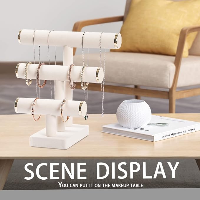 3 Tier Bracelet Holder,Bracelet Display Stand with Metal Cap,Beige White Velvet Jewelry Organizer Displays for Necklace Scrunchies Watches Hair Ties. - Image 6