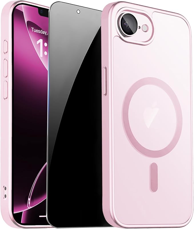 Magnetic for iPhone 17e Case & iPhone 16e Case, Pink | Full Camera Protection, with Privacy Screen Protector, Compatible with MagSafe, Matte Shockproof Cover for 17 e / 16 e by ZOZDOKG