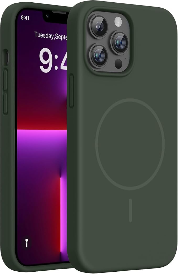 miracase Magnetic for iPhone 13 Pro Max Case, [Soft Anti-Scratch Microfiber Lining], Compatible with MagSafe, Liquid Silicone Shockproof Drop Protection Phone Case for 13 Pro Max, Dark Green by Miracase